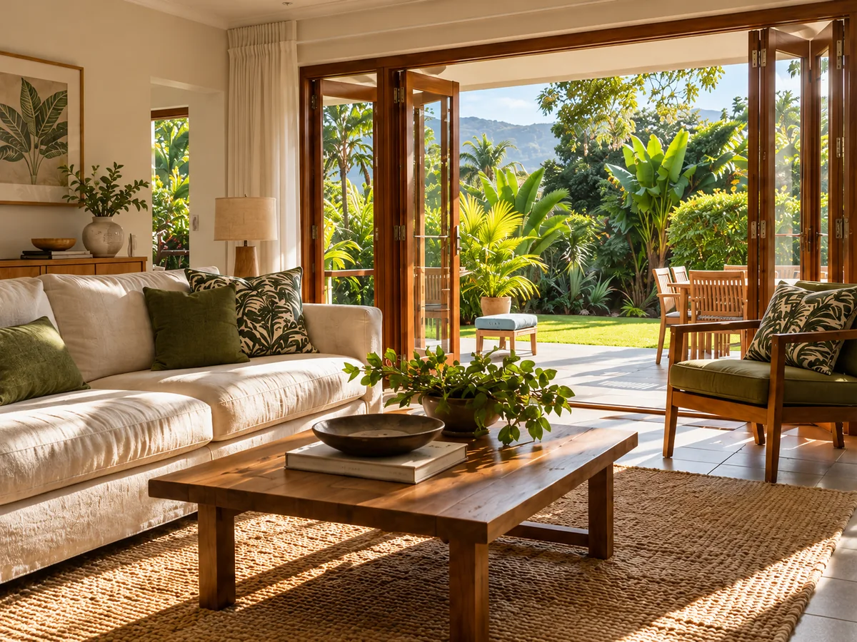 A calm, sunlit living room opening onto a green garden