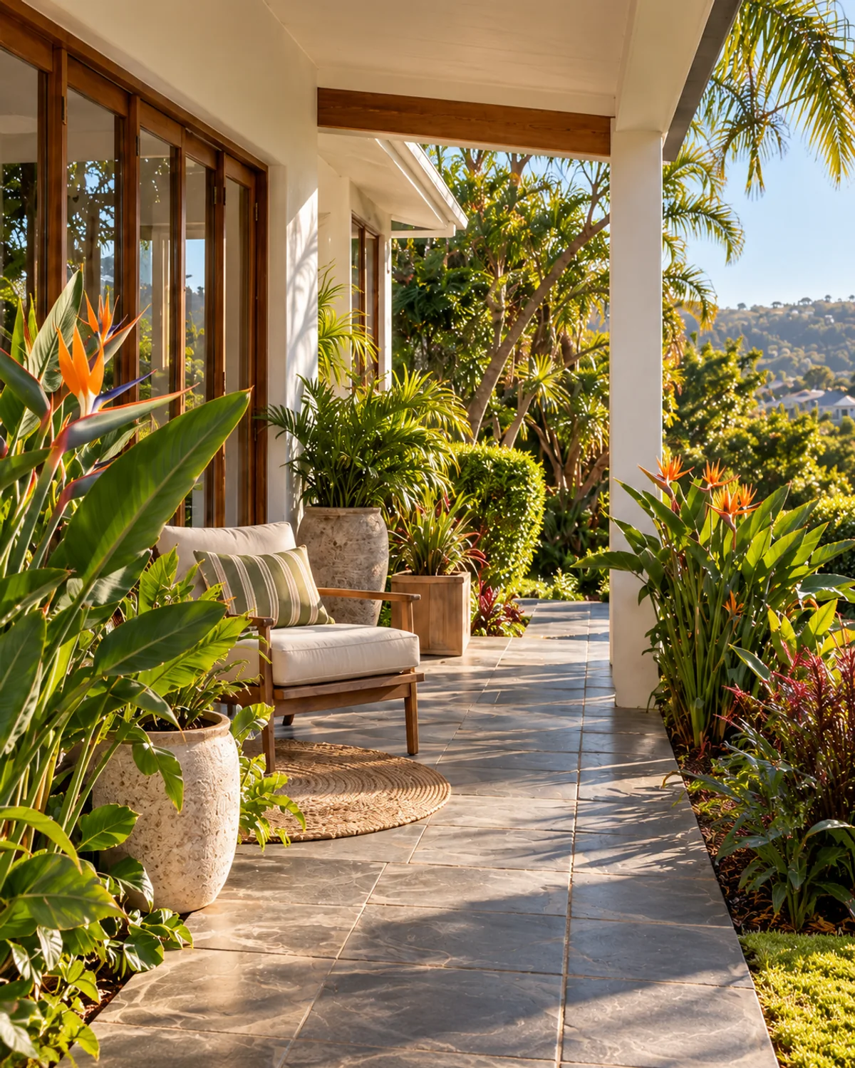Sunlight on a welcoming veranda surrounded by lush subtropical greenery